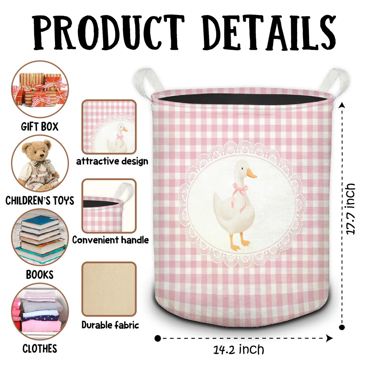 Pink Bow Goose Checkered Laundry Basket, Preppy Girly Goose Pink Gingham Plaid Foldable Laundry Hamper With Handles Clothes Toys Storage Basket for Girls Kids Room Nursery Bathroom