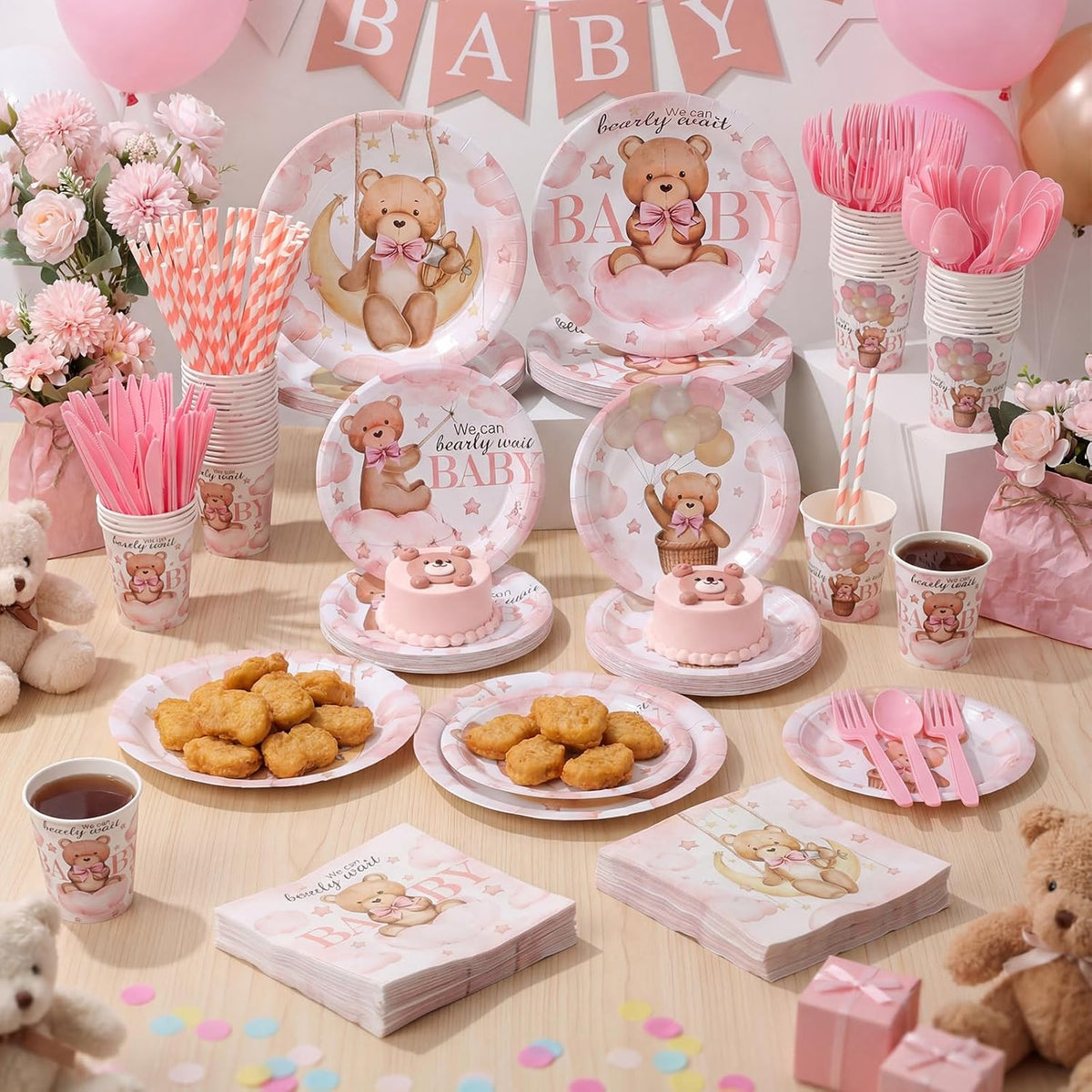 450 Pcs Pink Bear Baby Shower Tableware Set Decorations, Serves 50
