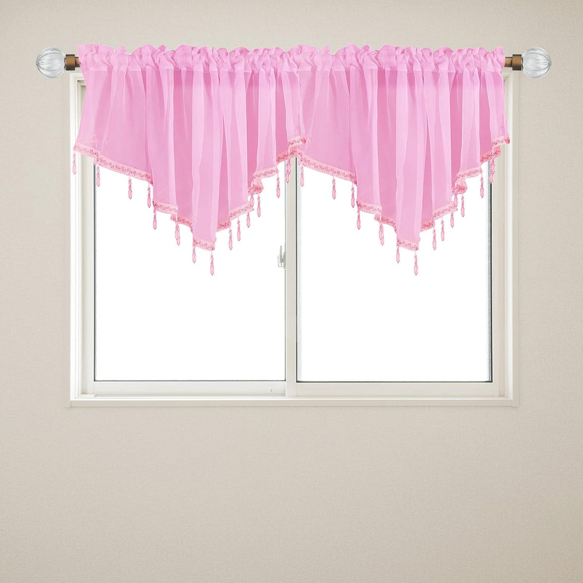 Beaded Sheer Windows Valance 51.1 in W x 23.6 in L, Scalloped Kitchen Curtain, Bathroom Swag Sheer with Rod Pocket, Short Valance Drape for Bedroom Living Room (Light Pink)