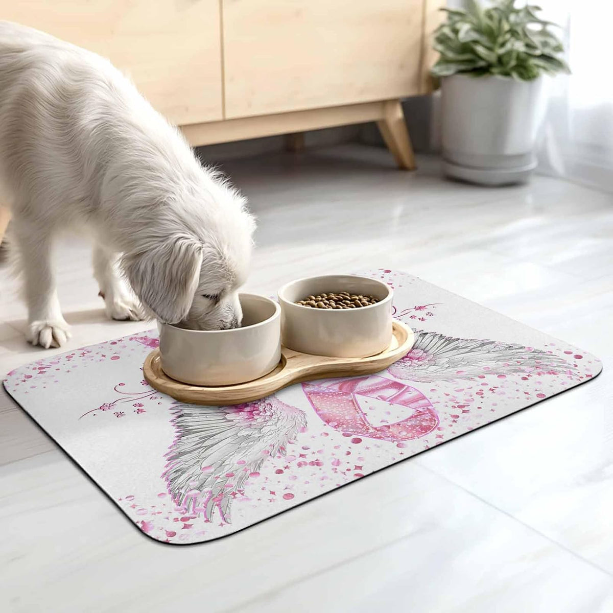 Pink Ribbon Wings Dish Drying Mat for Kitchen Counter, Absorbent Quick Dry Coffee Bar Mat Pad Thin Diatomaceous Sink Mats, Bows Flowers Love Heart Abstract Non Slip Dish Drainer Mats 12''x16''