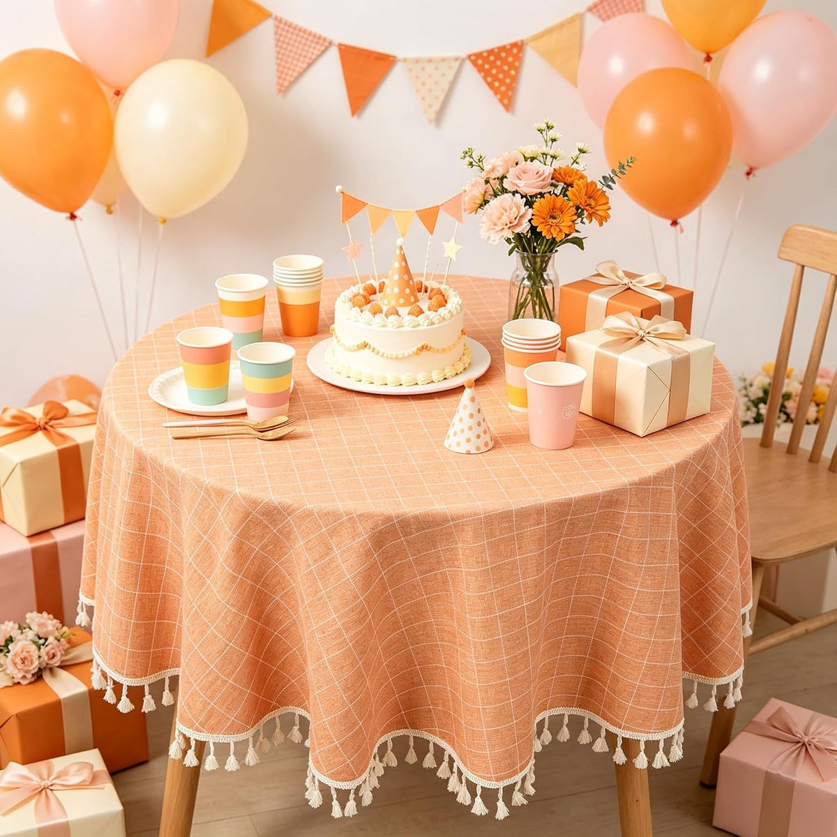 55" Round Cotton Tablecloth Coral Gingham Table Cloth Linen
