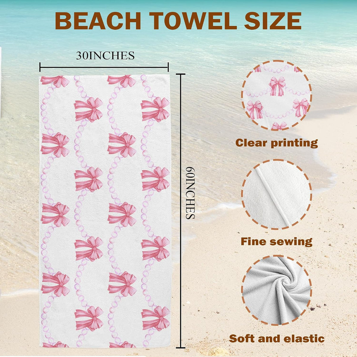 Coquette Pink Bow Beach Towel, Preppy Girls Bath Towels, Pink Bow Gifts for Women, Preppy Girly Aesthetic Pool Swim Towels for Girls Bathroom Decor, 60x30 Inches