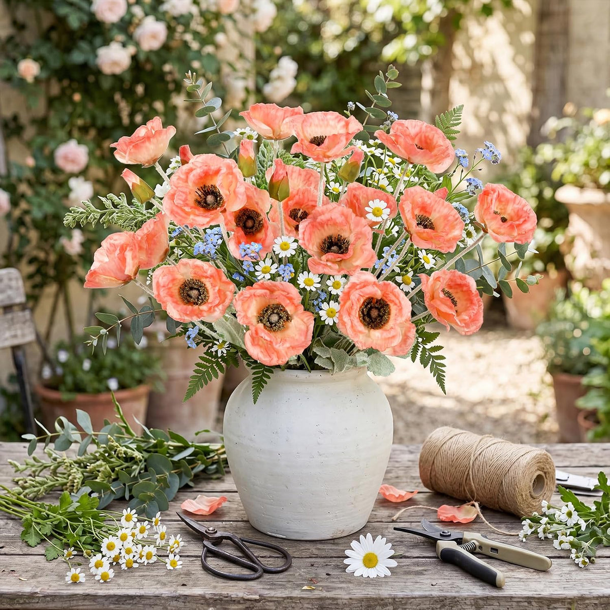 6 Stems Poppies Artificial Flowers 24" Peach Coral Faux Poppy Flowers