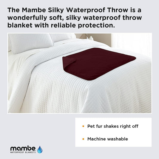 Mambe Silky Waterproof Throw for Protecting Furniture Bed Couch from Stains Caused by Dogs, Cats, Incontinence. Soft, Washable, Reversible. (Size Medium 70x70 inches, Color Merlot)