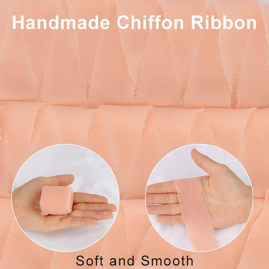 Peach Puff Chiffon Silk Ribbon - 4 Rolls, 1-1/2 Inch Wide, 21 Yards Long, Frayed Edge, Handmade Fringe, Perfect for Crafts, Weddings & Home Decor
