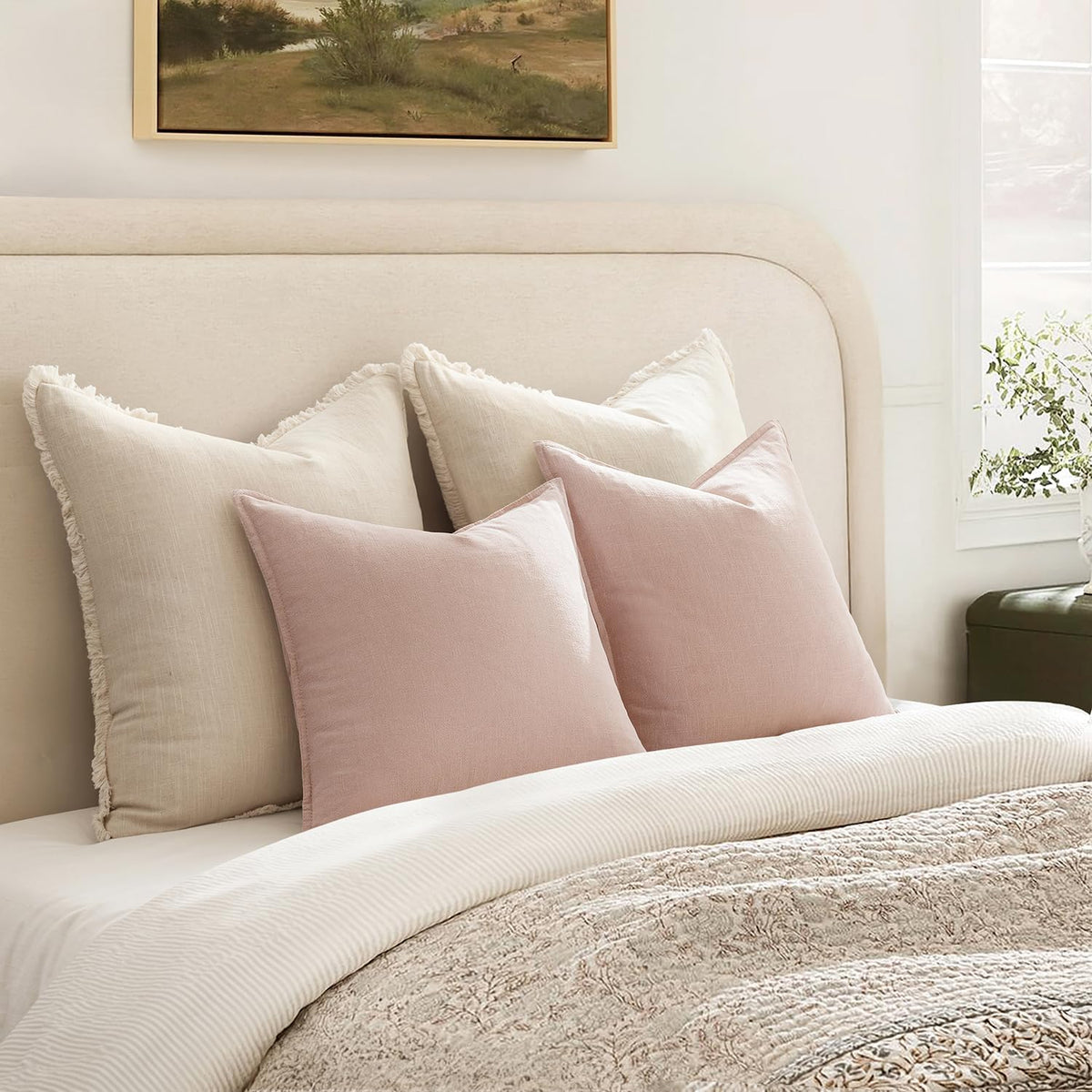 Decorative Linen Pillow Covers 20x20 Inch Light Pink Pack of 2