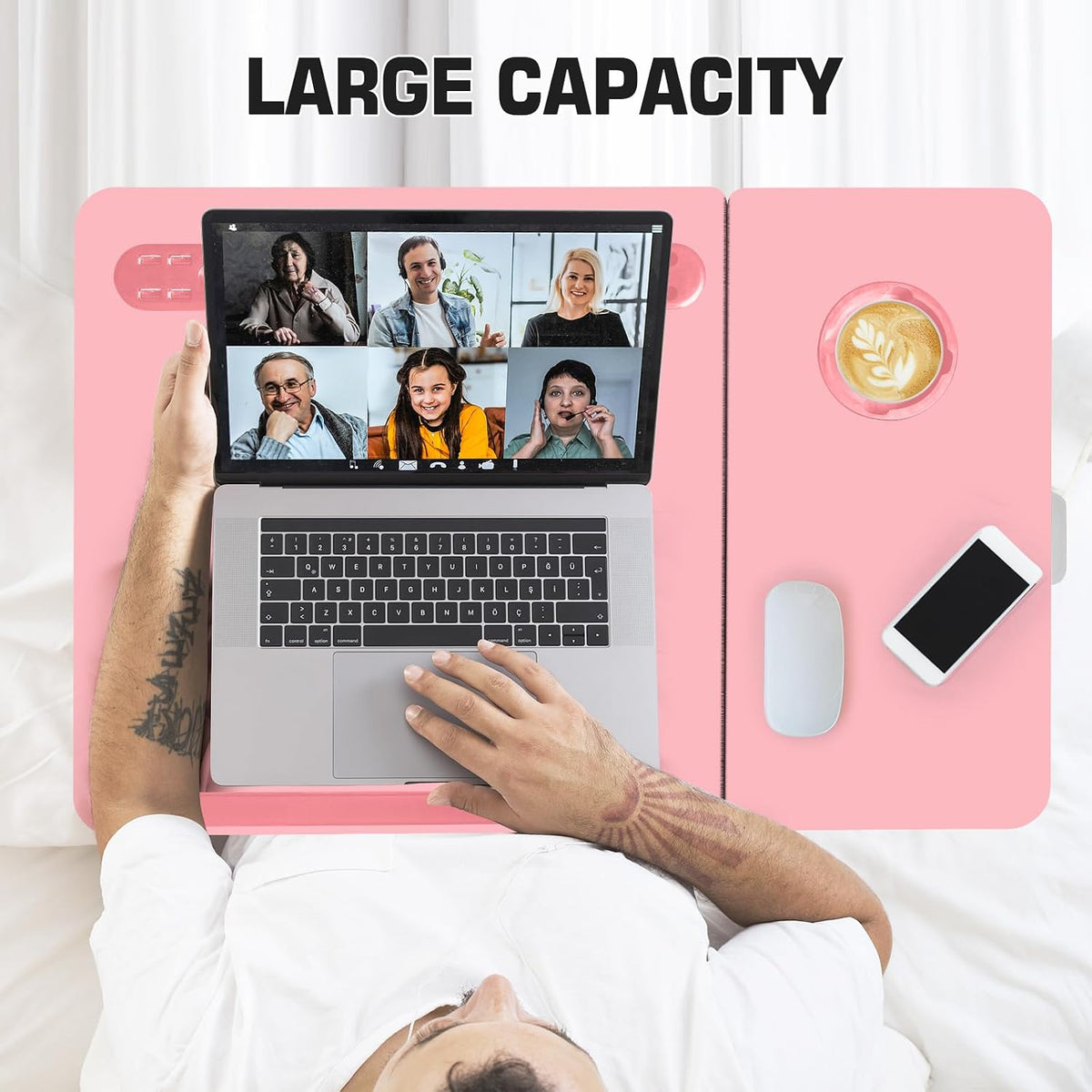 Plus XL Adjustable 17in Laptop Desk with Light, USB Port, iPad Holder, Drawer Storage - Larger 23.6IN Adjustable Lap Desk for Bed, Home Office, Breakfast Tray, Fordable Legs Desk (Pink)