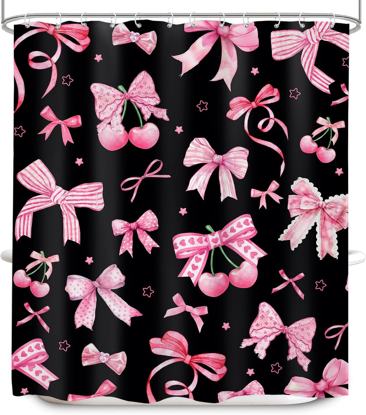 Pink Black Bow Shower Curtain 60x72 Cherry Girly Preppy Bathroom Decor