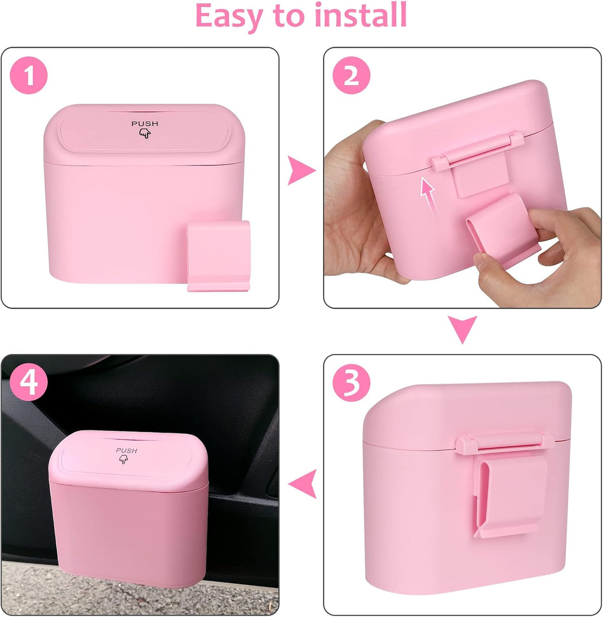 Car Trash Can with Lid, Vehicle Trash Bin Car Dustbin Garbage Organizer Holder with One Roll Trash Bag, Portable Hanging Mini Leakproof Cars Storage Bag Container for Auto, SUV, Office (Pink)