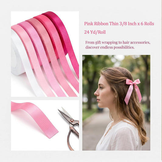 144 Yards Pink Ribbon Thin 3/8 Inch x 6 Rolls, 24 Yd/Roll Light Hot Baby Bright Pink Satin Fabric Silk Ribbon Set Liston Rosa Pastel Gift Wrap Ribbons for Crafts Bows Flower Bouquet Balloons