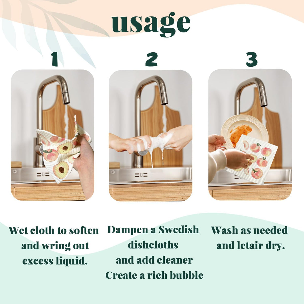 Peach Swedish Dishcloths for Kitchen 4 Pack Reusable Funny
