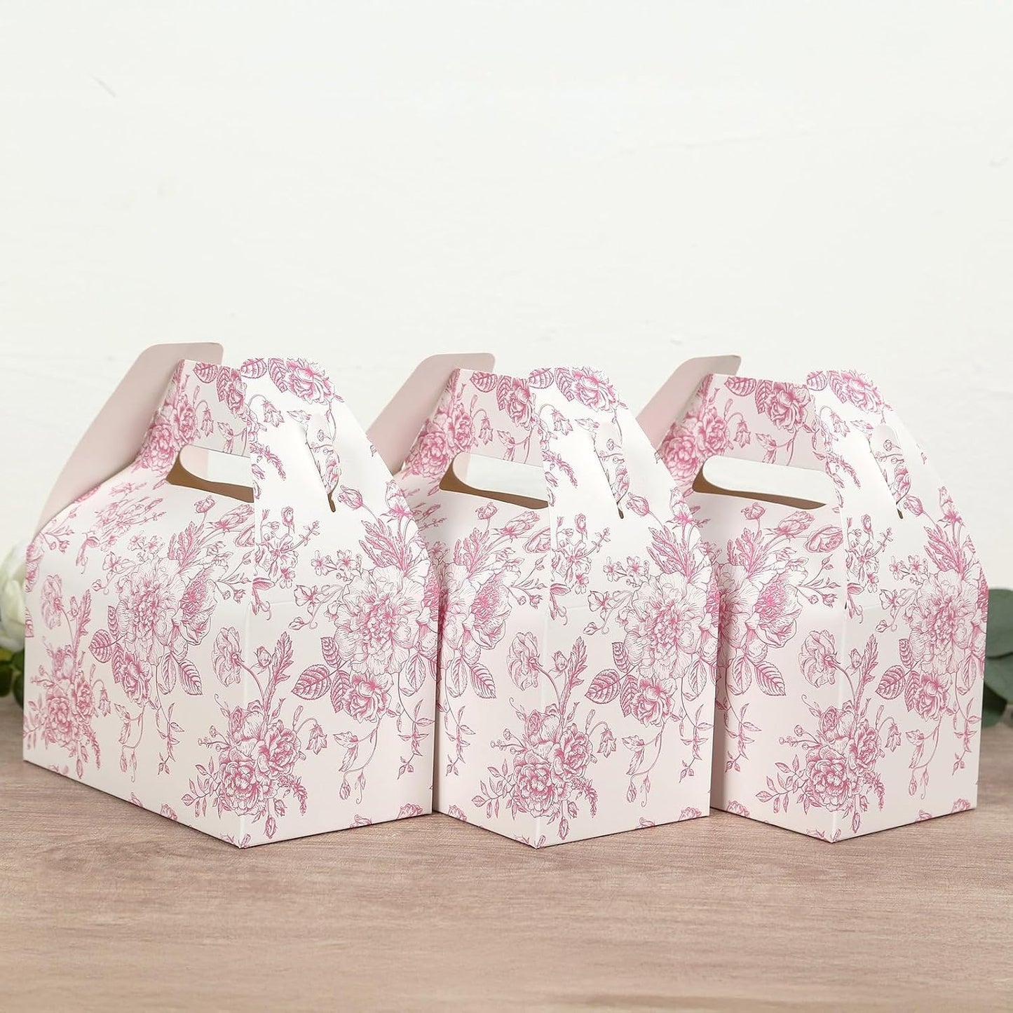 Efavormart 25 Pack Party Favor Gable Boxes in French Toile Pattern - Matte Pink and White Candy Treat Tote Boxes, Cardstock Paper - 6"x3.5"x7"