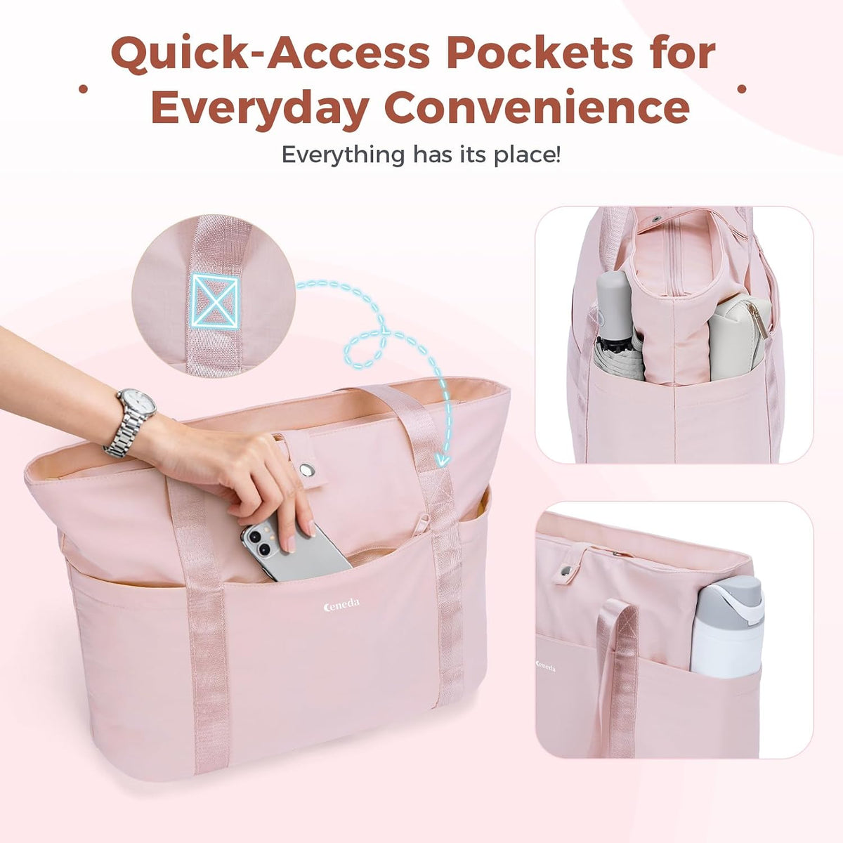 Ceneda Foldable Tote Bag for Women, Lightweight Work Bag with Dual Inner Cup Holders, Daily Handbag for Travel, Gym, Grocery