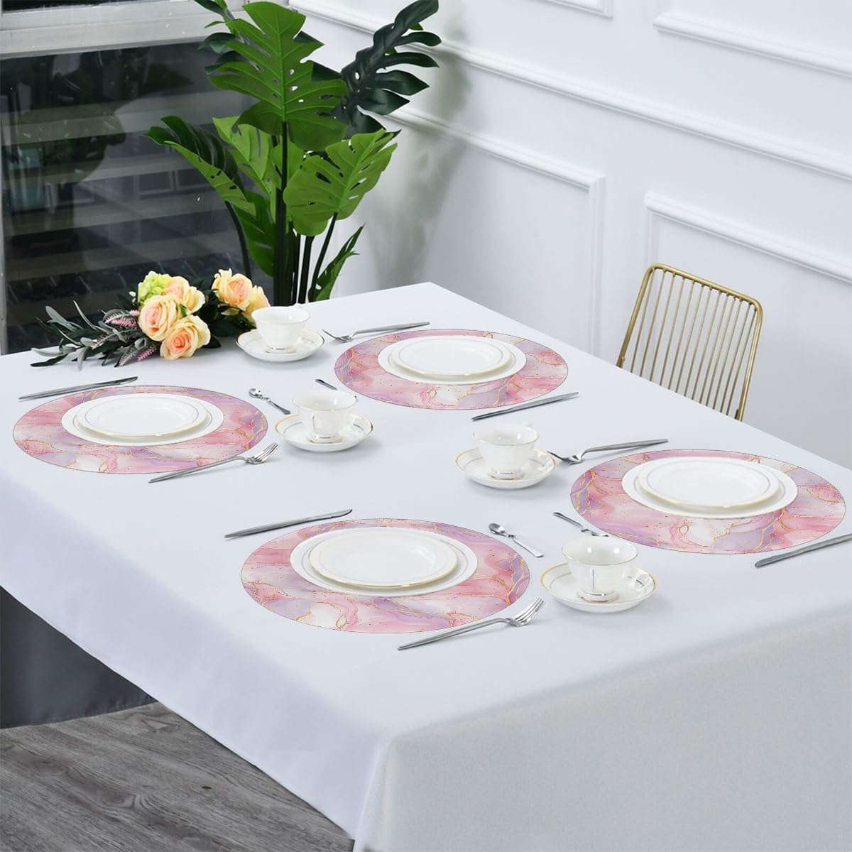 15 Inch Round Placemats Set of 6 - Pinkish Purple Marble Washable Heat Resistant Table Mats, Non Slip Wipeable Place Mats for Kitchen Dining Holiday Party Table Decor, Indoor & Outdoor Use