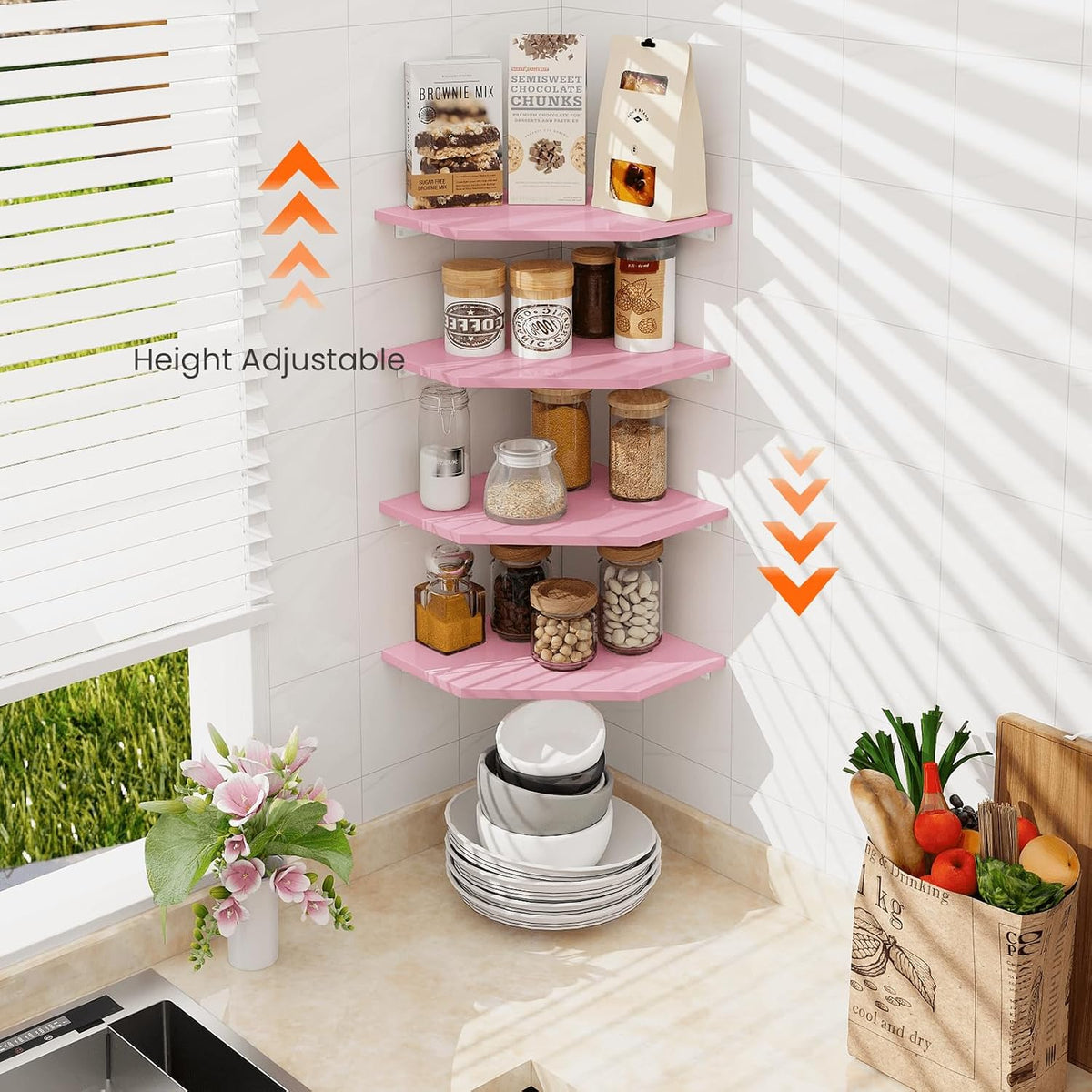 Corner Shelf Wall Mount, Set of 4 Corner Floating Shelves, Wood Hanging Storage Shelving with Cord Hole, Wall Shelf Organizer for Bathroom Bedroom Living Room Office, Pink