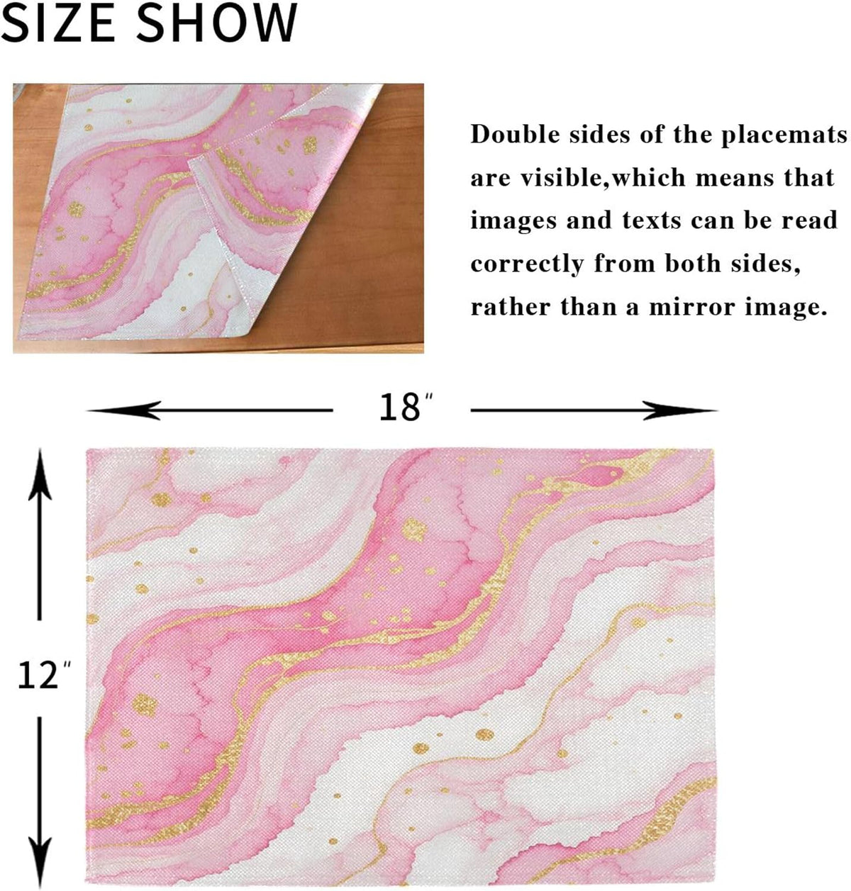 Cloth Placemats Set of 6 for Dining Table, Pink Marble Kitchen Placemats Heat Resistant Place Mats Linen Washable Table Mats, 12x18 in