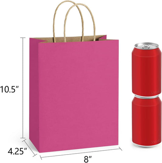 25Pcs Hot Pink Gift Bags 8x4.25x10.5 Kraft Paper Gift Bags with Handles for Shopping, Small Business, Retail Merchandise Grocery, Birthday Party Favor, Medium Pink Paper Sacks
