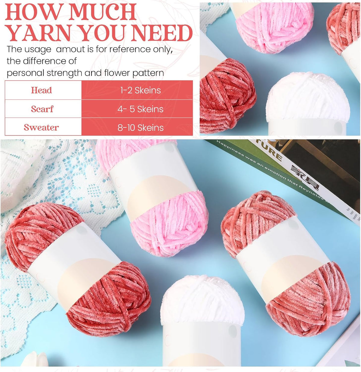 12 Skeins 1116 Yards Chenille Velvet Soft Thick Plush Yarn Bulk for Crocheting Knitting Blanket DIY Weaving Craft, 6mm, 3.5 Oz/Skein(Pink Series)