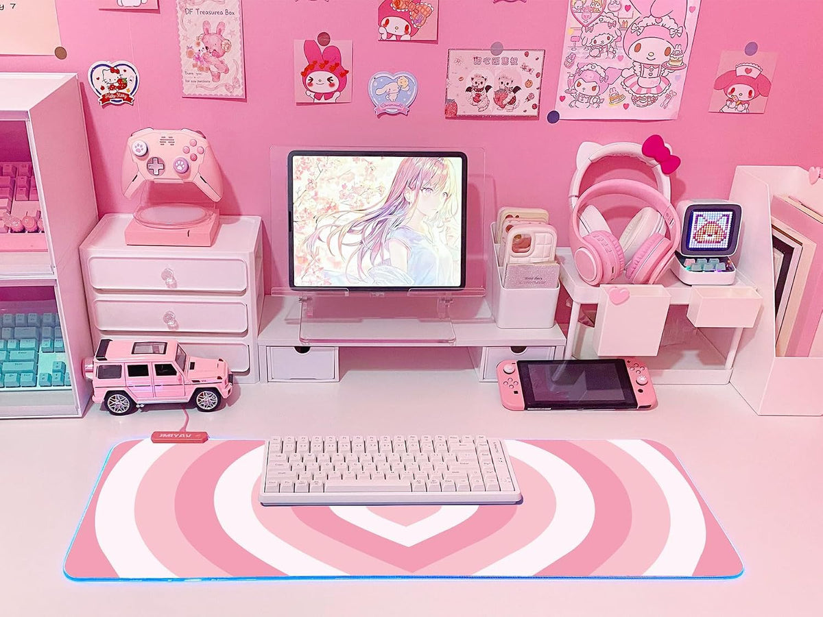 Pink Love Heart RGB Gaming Mouse Pad 31.5x12 Inch Cute Mousepad PC XL Large Extended Glowing Led Light Up Desk Pad Non-Slip Rubber Base Computer Mat Desk Accessories Gaming Setup