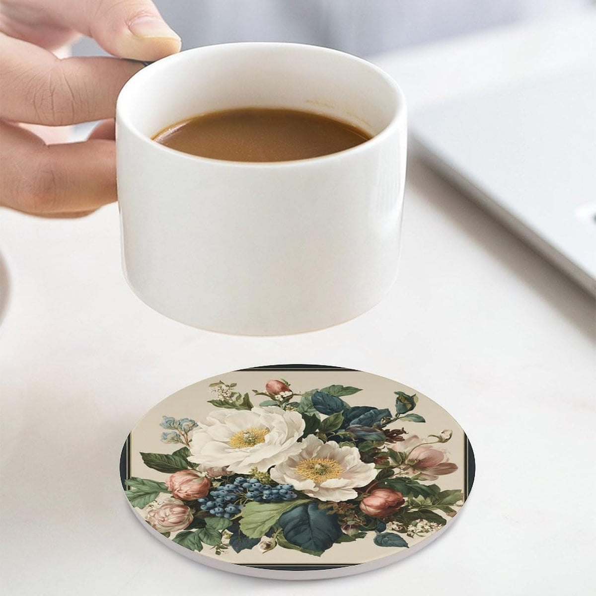 White Pink Flowers Blue Berries on Light Cream Coasters Set of 4 Absorbent Coasters