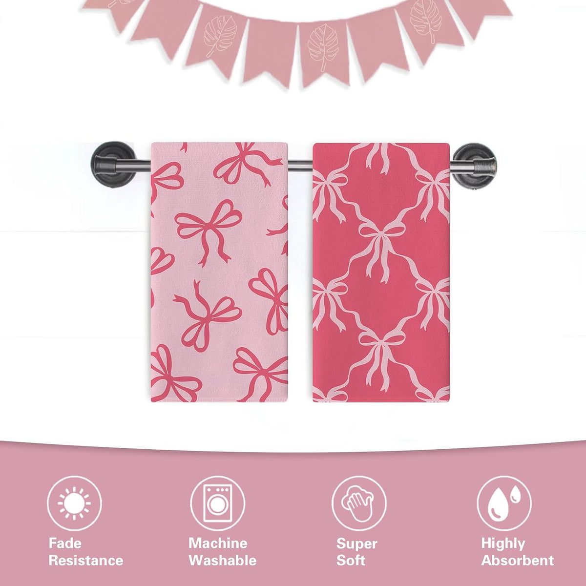 Pink Bow Kitchen Dish Towels Set of 2, Coquette Ribbon Preppy Drying