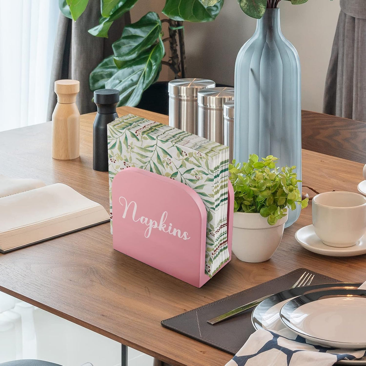 Pink Napkin Holder for Table - Wooden Napkin Holders for Kitchen - Pink Kitchen Decor and Accessories for Dining Room Table - Wood Napkin Dispenser