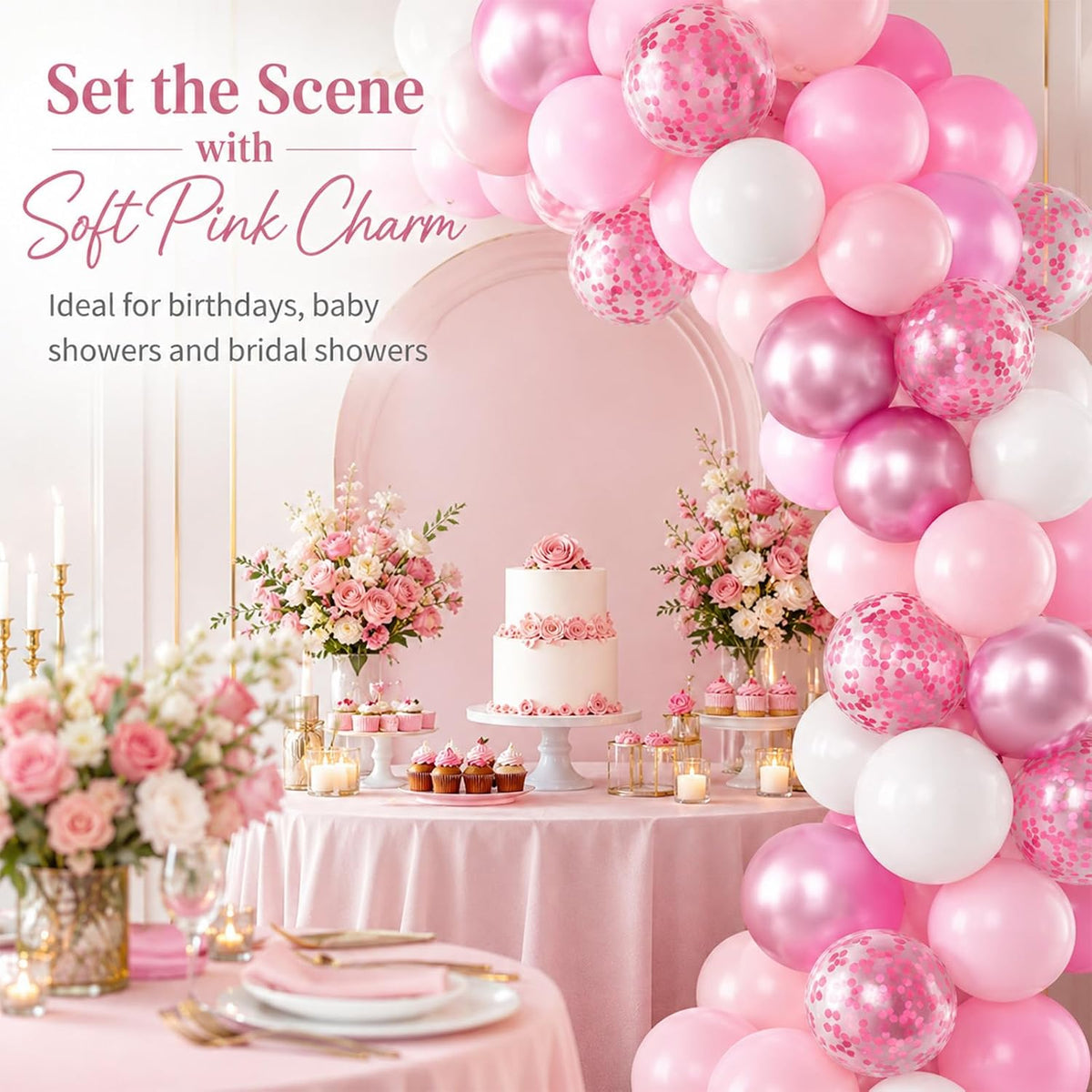 Pink and White Balloons, 12 Inch Pink White Metallic Chrome Pink Confetti