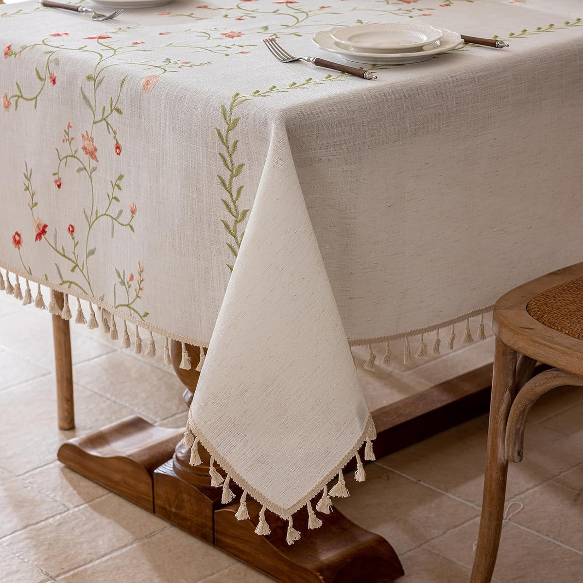 Linen Spring Flowers Tablecloth with Tassels, Rustic Farmhouse Embroidery Waterproof Table Cloths for Rectangle Tables, Heavy Weight Spill-Proof Table Covers, Pink Florals, 55''x 120''