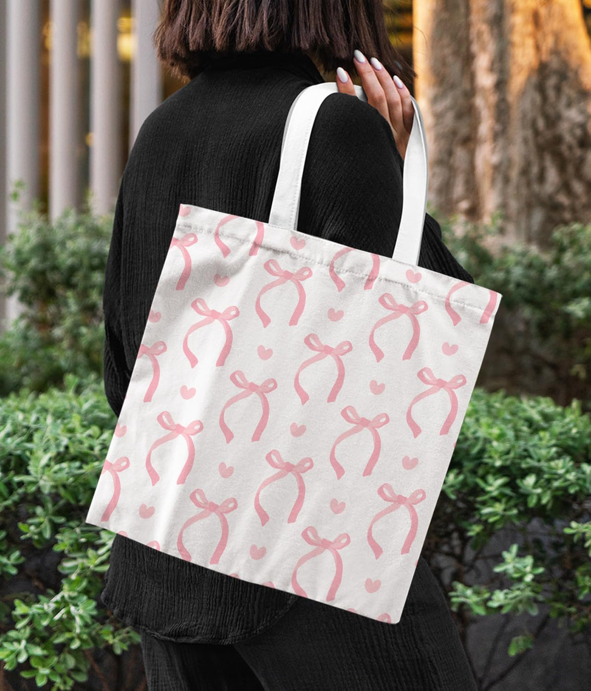 Coquette Pink Bow Preppy Canvas Library Tote Bag Gifts for Women Teen Girls,Canvas Bags With Handles