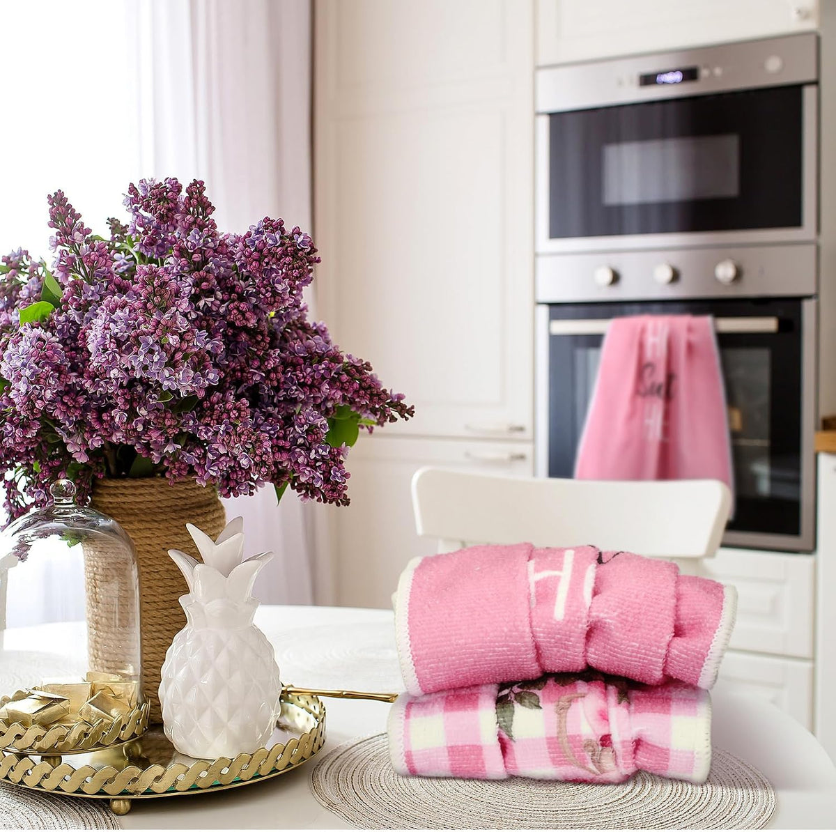6 Pcs Hanging Kitchen Towels with Loop, Pink Rose