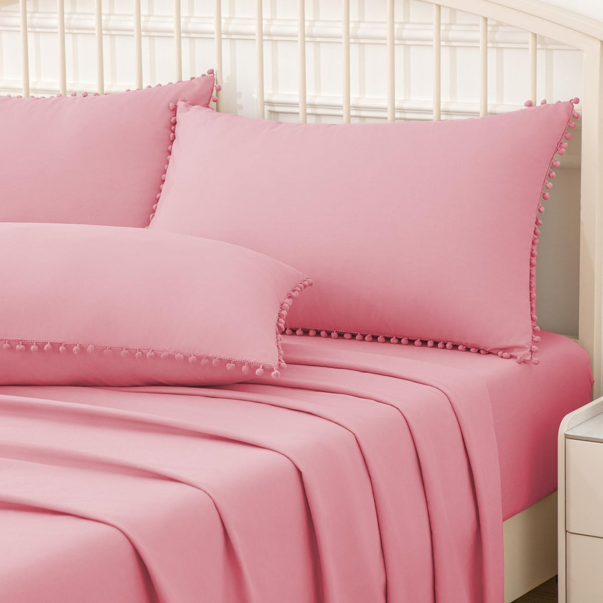 Pom Poms Pillow Shams Queen Size Set of 2, Pink Decorative Pillowcases with Envelope Closure, Soft Microfiber Shams Cover with Pom Pom Trim, Wrinkle Resistant (20 x 30 Inches)