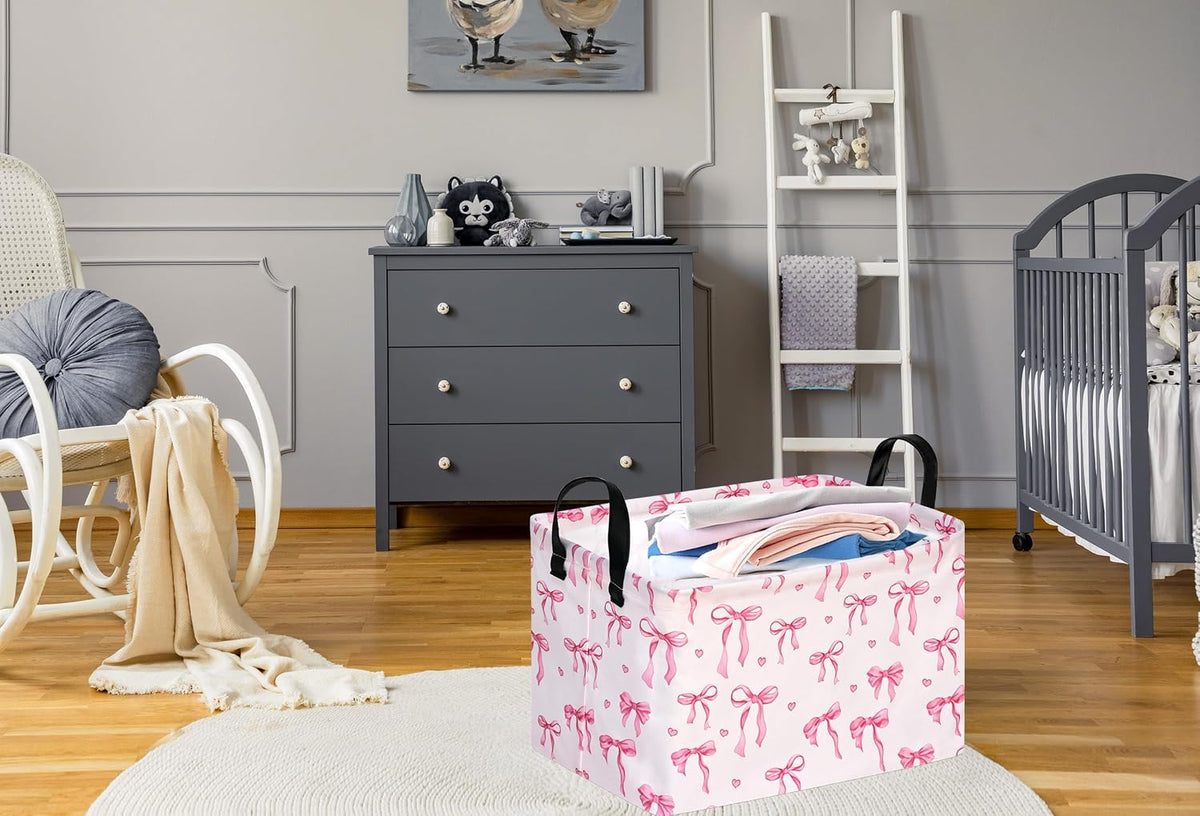 Pink Bowknot Girls Gifts Storage Box Clothes Hamper Basket Collapsible Organizer Bin Toys Shelf Baskets for Home Bedroom Decor