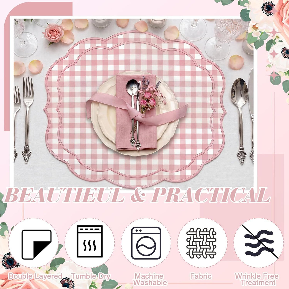 6 Set Gingham Placemat 17" x 13" Cotton Linen Placemat, Pink