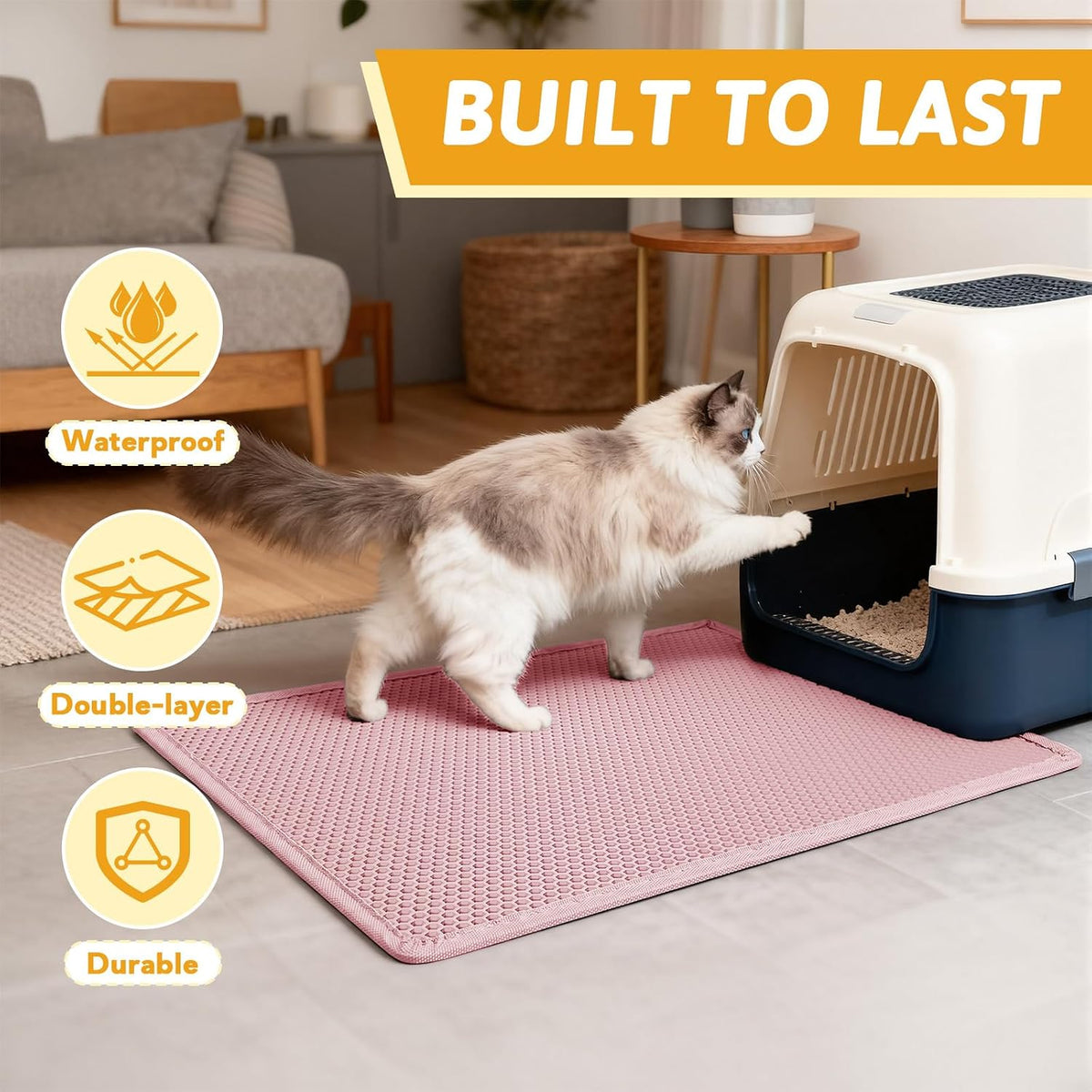 Litter Box Mat, Double-Layer Urineproof Design, 30" x 24" Pink