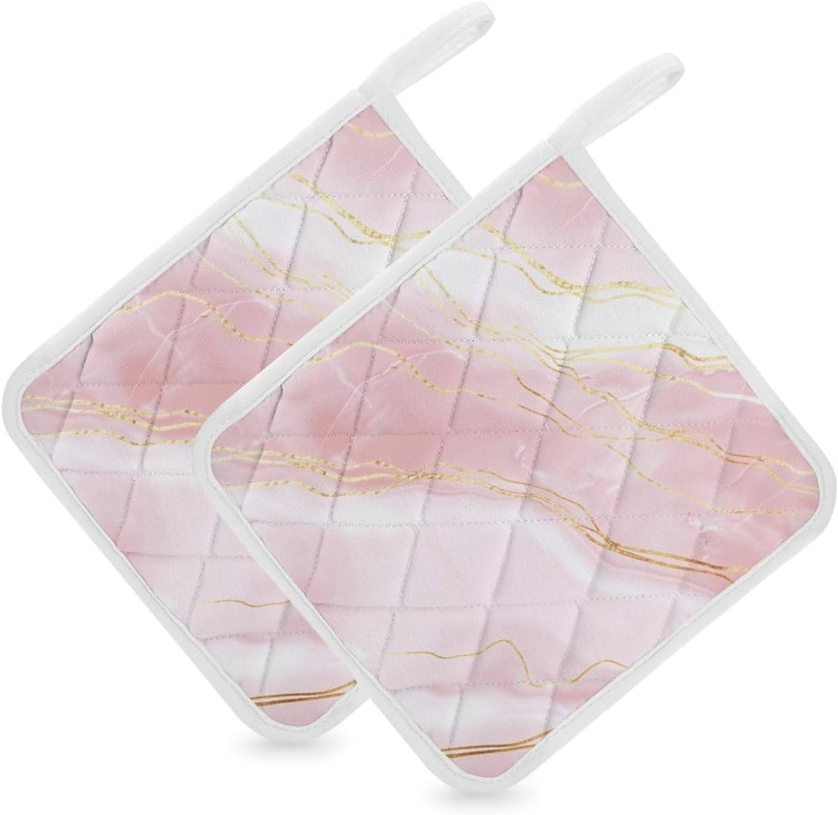 Pink Marble Gold Veins 2 Pack Heat Resistant Pot Holders with Hanging Loop, Washable Insulated Potholders for Kitchen Dining BBQ Table Protection