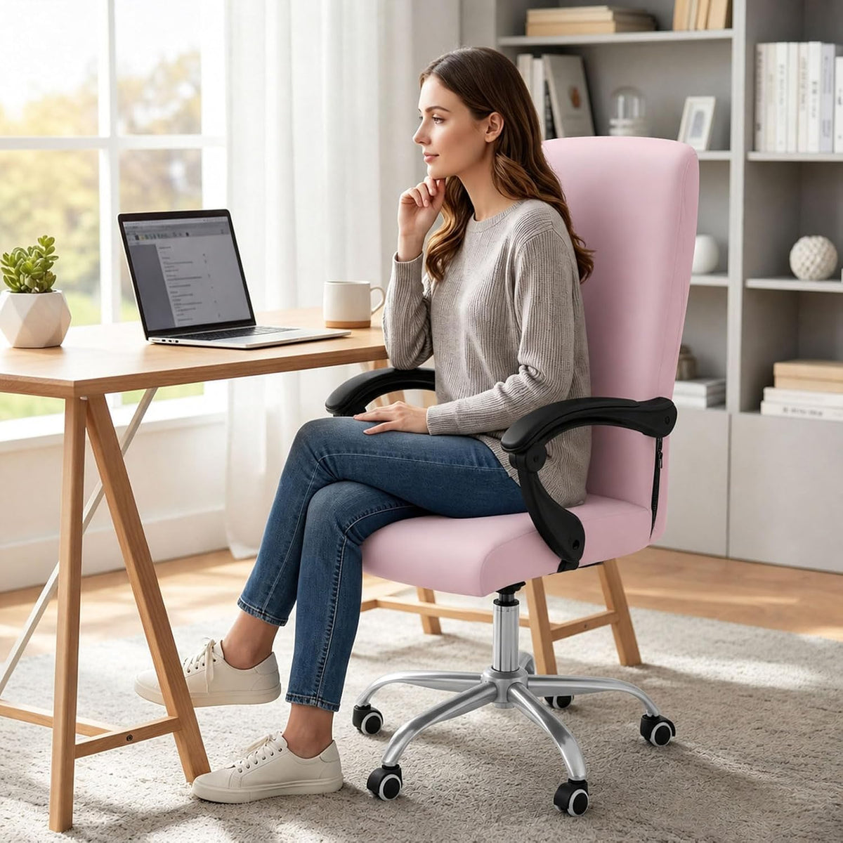 Stretch Printed Office Computer Desk Chair Covers, Pink
