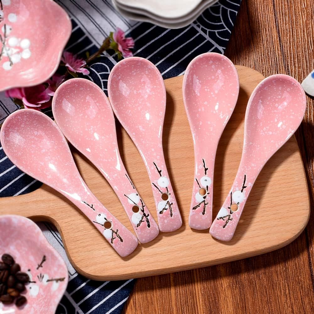 Ceramic Soup Spoon Set of 5, 5.7'' Pink Ramen Spoons with Plum Design