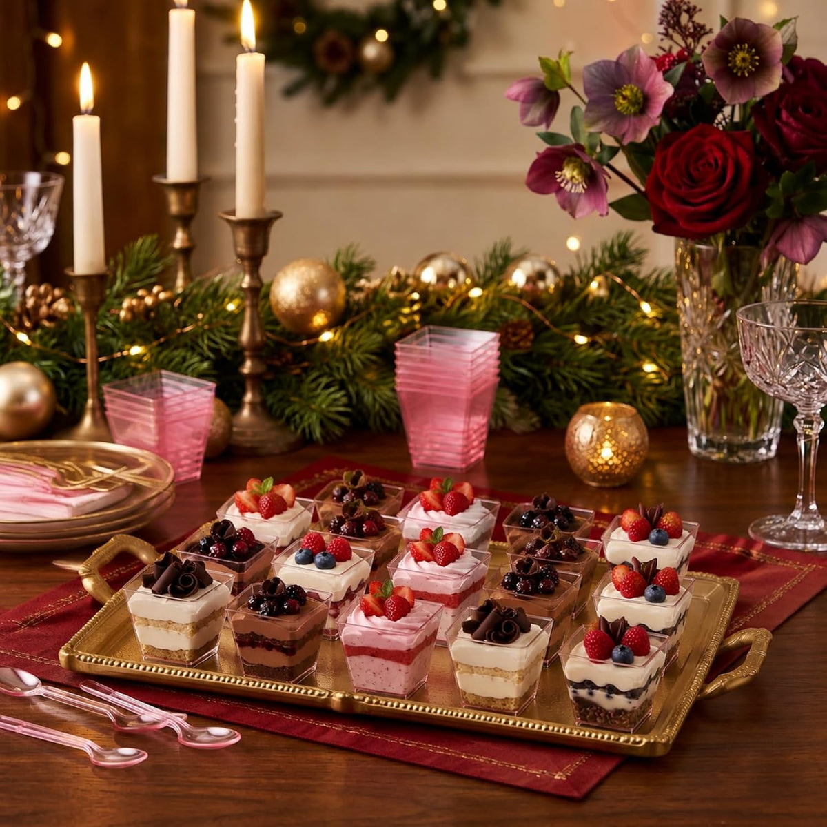 50 Sets Square Dessert Cups with Spoons, Disposable, 3.5 oz, Pink