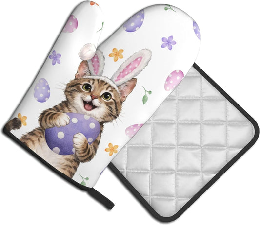 Easter Oven Mitts and Pot Holders Sets Easter Eggs Oven Mitts Heat Resistant Pink Bunny Rabbit Ears Cat Cute Kitchen Gloves Hot Pads Two Piece Set for Spring Cooking Baking Grilling BBQ