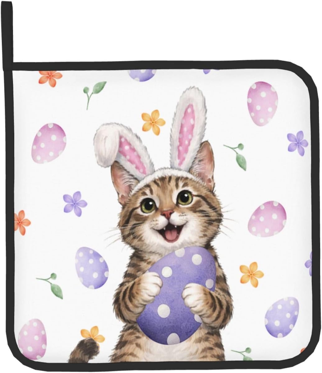 Easter Oven Mitts and Pot Holders Sets Easter Eggs Oven Mitts Heat Resistant Pink Bunny Rabbit Ears Cat Cute Kitchen Gloves Hot Pads Two Piece Set for Spring Cooking Baking Grilling BBQ