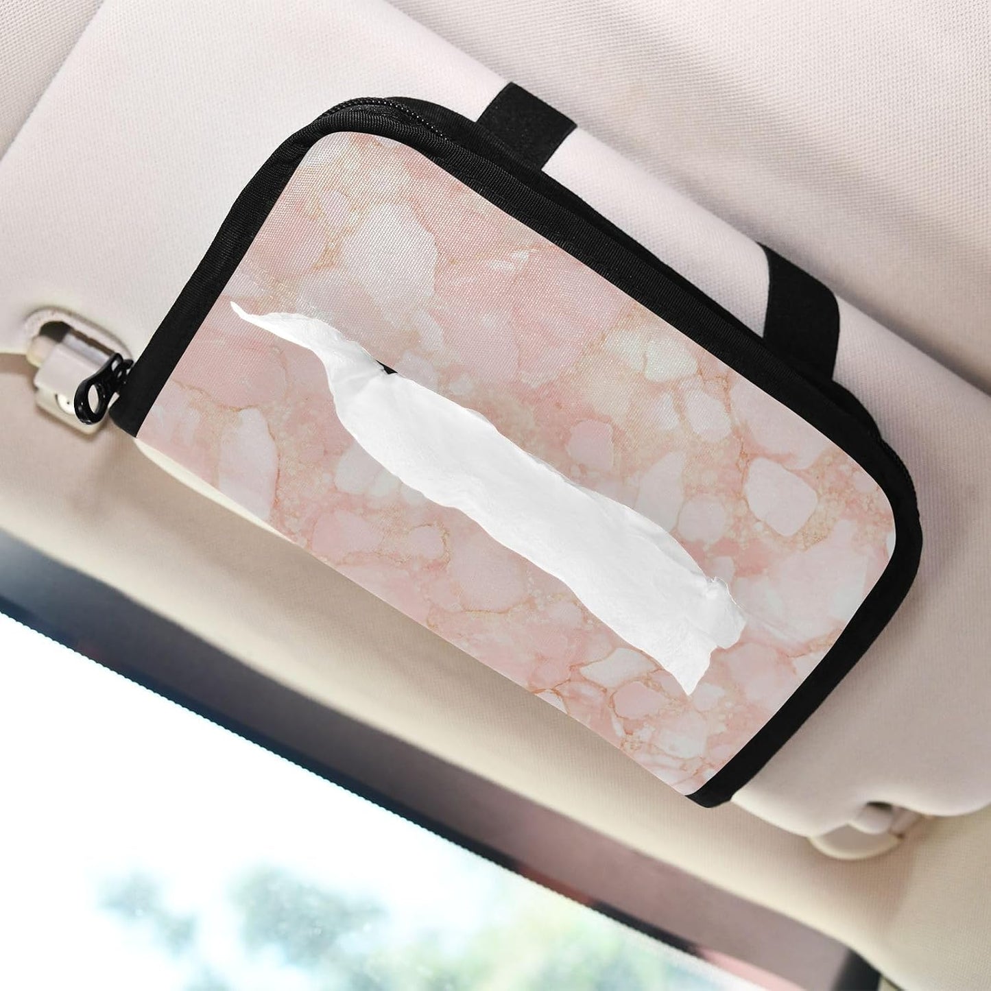 Hanging refillable visor tissue holder napkin holder sun visor with Adjustable straps & zipper Refillable tissue dispenser for vehicle Peach Gold Irregular Marble