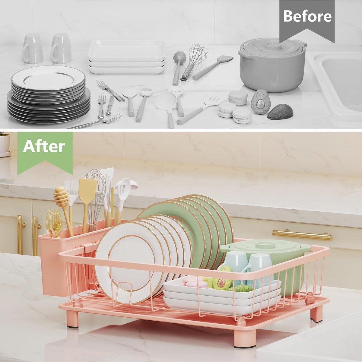 Dish Drying Rack for Kitchen Counter, 16.2" L x 12.5" W, Pink