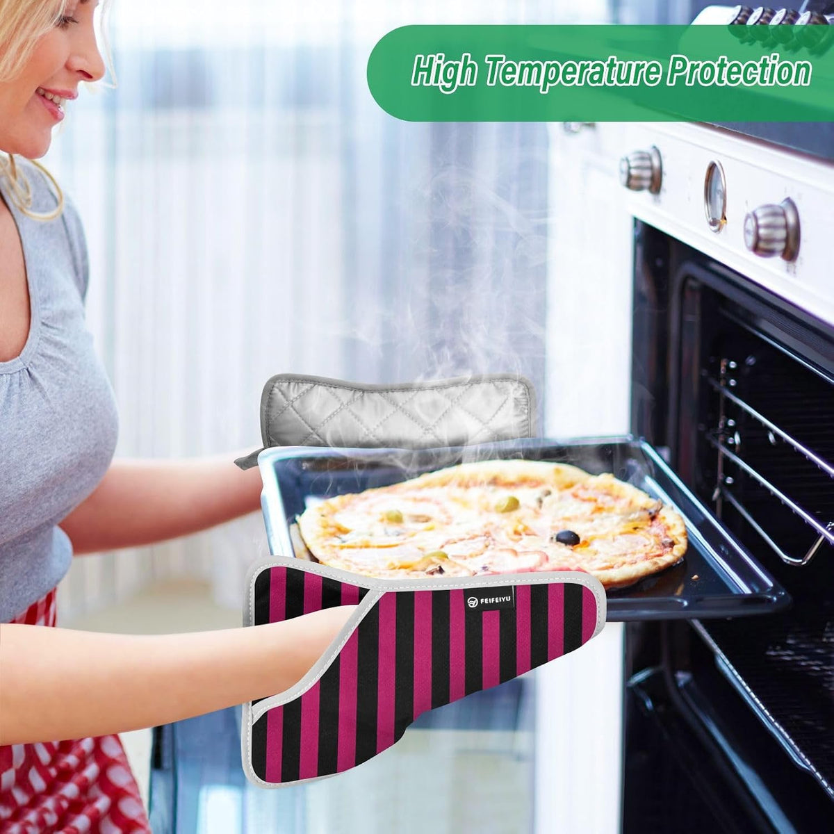 Pot Holder 2 Pack Set Hot Pads Potholders with Pockets Heat Resistant Square Quilted Oven Hot Pads Trivets for Kitchen Cooking Baking Pink Black Stripes