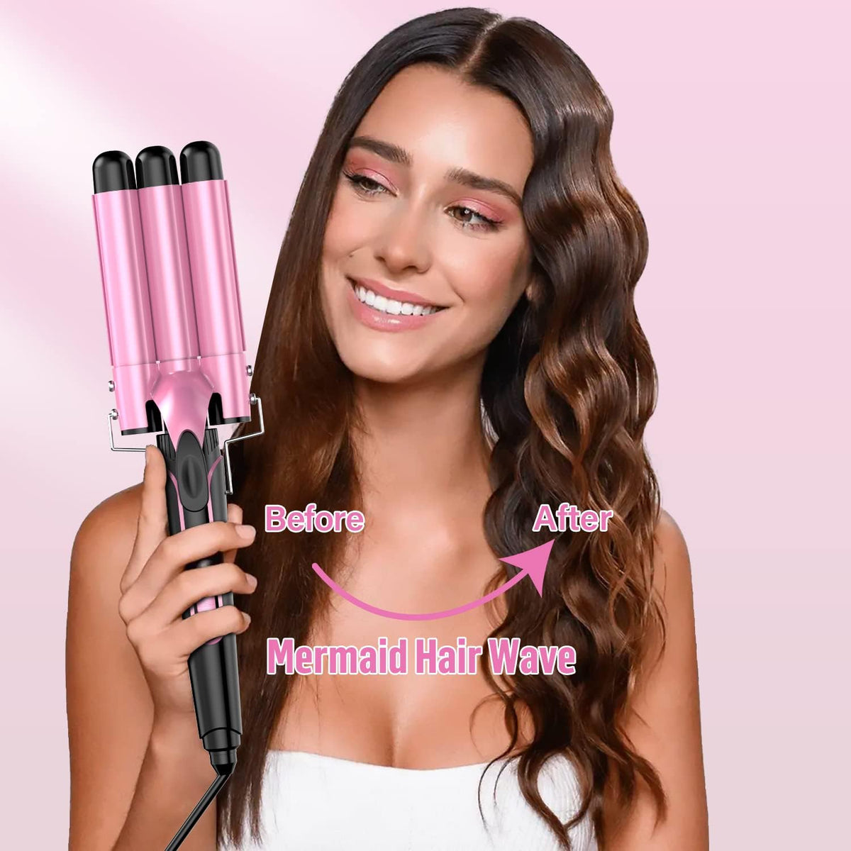 Waver Curling Iron Curling Wand - 5 in 1 Curling Wand Set with 3 Barrel Hair Crimper for Women, Fast Heating Crimper Wand Curler in All Hair Type-Pink