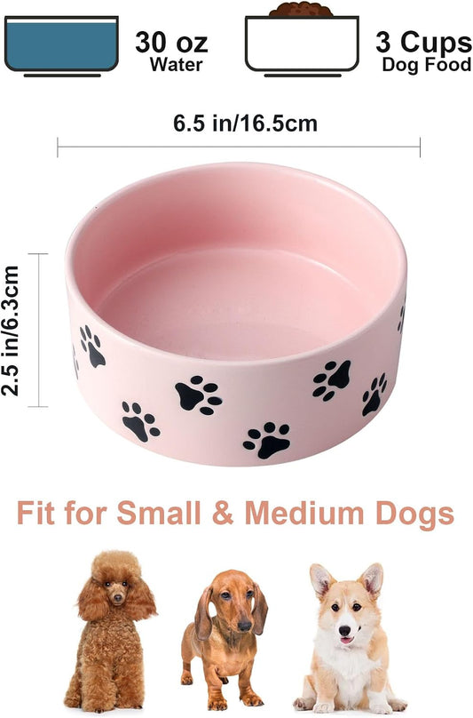 6.5 Inch Pastel Pink Ceramic Dog Bowl with Paw Print Pattern - Porcelain Wide Mouth Dog Food or Water Bowls, Large Feeding Pet Bowls for Indoor Medium Sized Dogs, for Wet or Dry Food