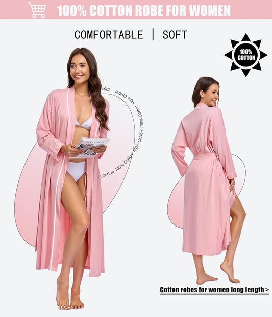 100% Cotton Robe for Women Long Sleeve Knit Kimono Soft Lightweight Bathrobe Ladies Loungewear with Pockets
