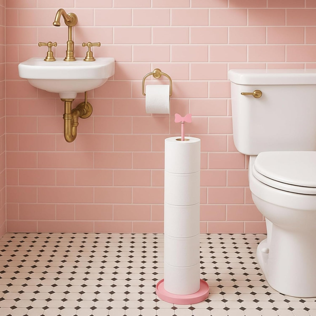 Pink Bow Toilet Paper Holder Freestanding Bathroom Decoration