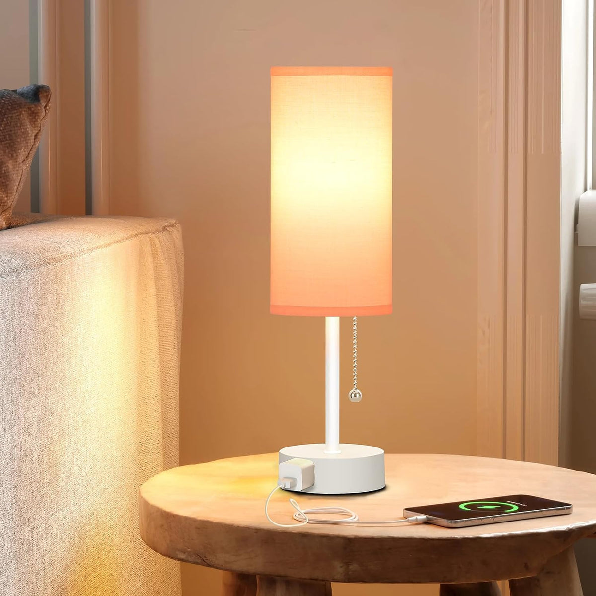 Table Lamp for Bedroom, 3-Color Bedside Lamps with Pull Chain