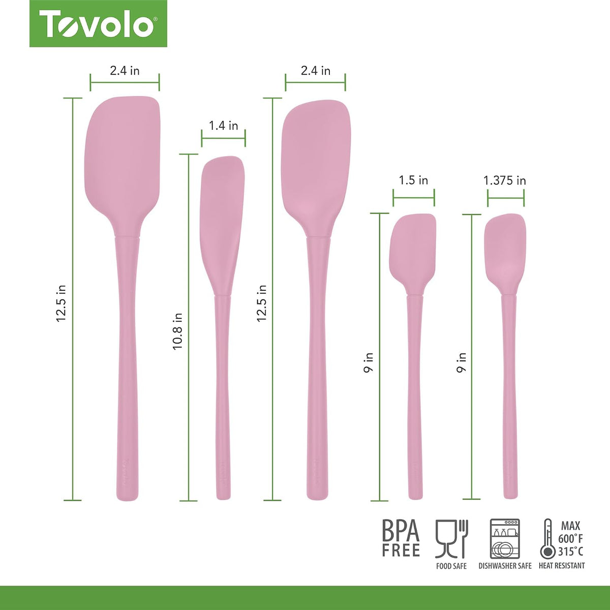 Flex Core 5 Piece Silicone Spatula Set Heat Resistant All Silicone Utensils Include Non Stick Spatula Spoonula Jar Scraper, Dishwasher Safe BPA Free Spatulas for Baking Mixing, Pink Sorbet