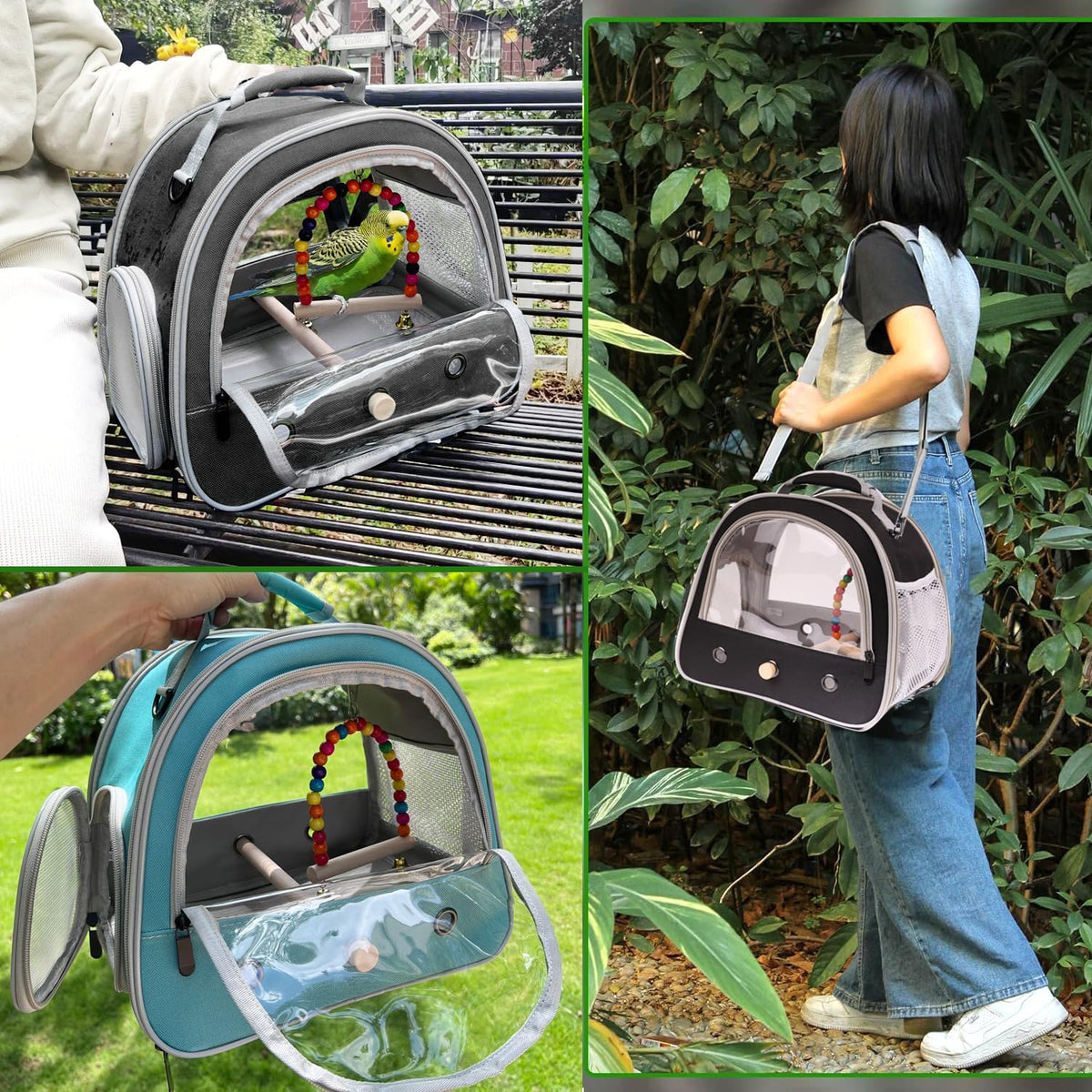 Portable Parrot Travel Cage Carrier with Small Swing Toy&Cage Colorful Toys Set Small Bird Parakeet Bag with Standing Perch Bird Carry Transport Bag (Pink, Carrier/Swing)